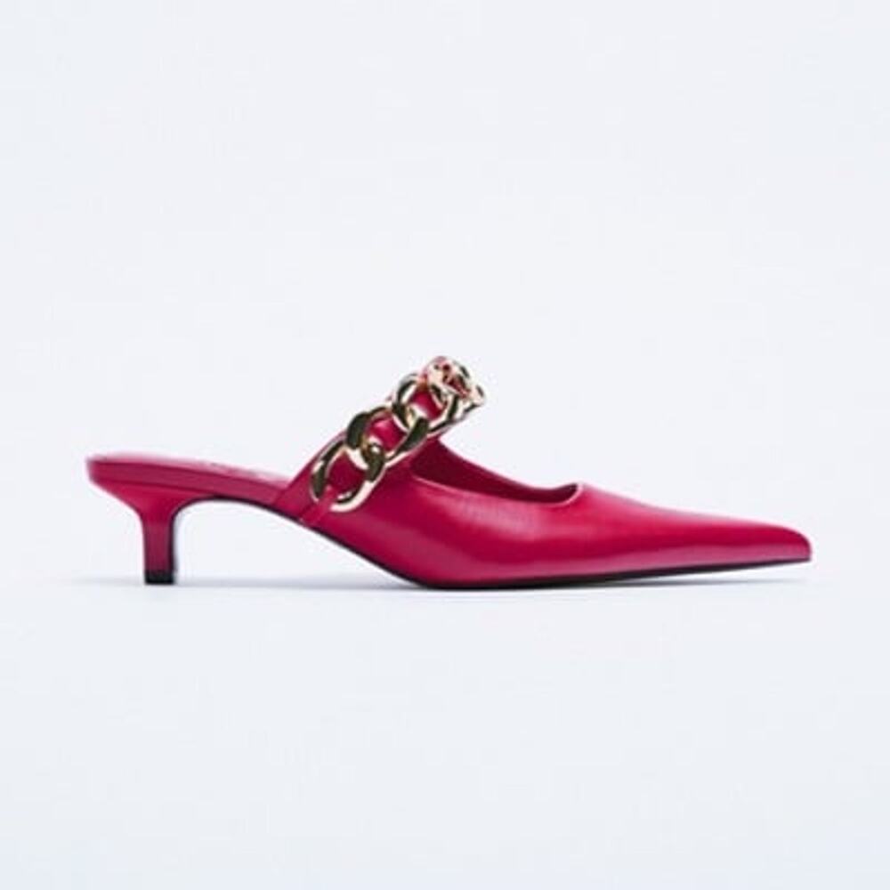 ZARA Pink Chain Strap Mule Heels NWT Pointed Toe Kitten Heel Pumps Size 8 - Picture 16 of 16
